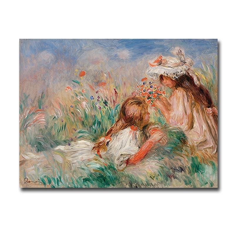 Girls in the Grass Arranging a Bouquet by Renoir Gallery Wrapped Canvas Giclee Art (24 in x 32 in)