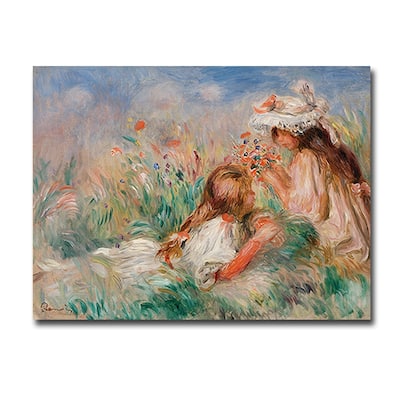 Girls in the Grass Arranging a Bouquet by Renoir Gallery Wrapped Canvas Giclee Art (24 in x 32 in)