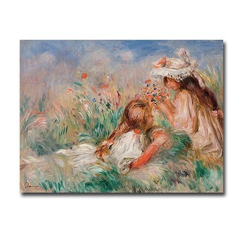 Girls in the Grass Arranging a Bouquet by Renoir Gallery Wrapped Canvas Giclee Art (24 in x 32 in)