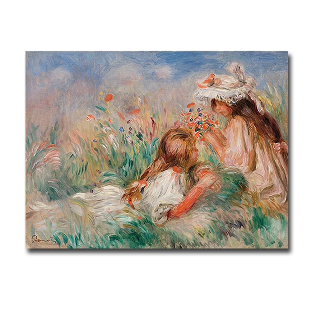 Girls in the Grass Arranging a Bouquet by Renoir Gallery Wrapped Canvas Giclee Art (24 in x 32 in)