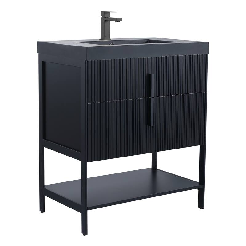 Fine Fixtures Serenity Modern Bathroom Vanity with Black Gel Acrylic Top - Black Matte - Black Hardware - 30 inch