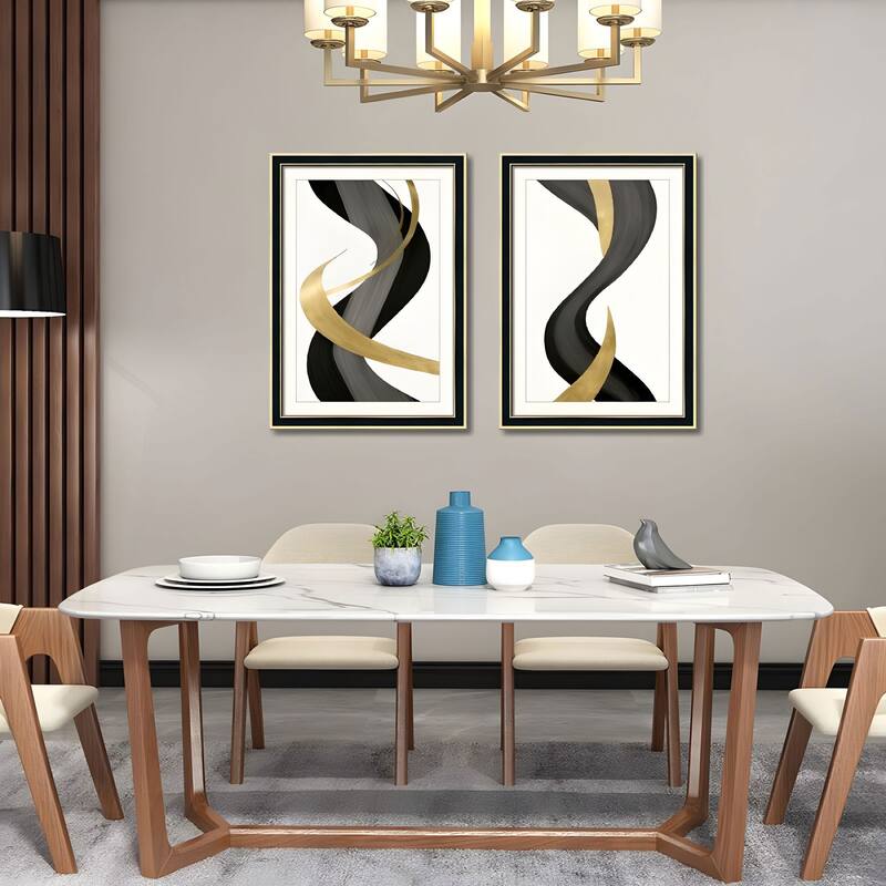 Set of 3 Black and Gold Abstract Framed Wall Art - Replaceable Canvas Prints with Solid Wood Picture Frames