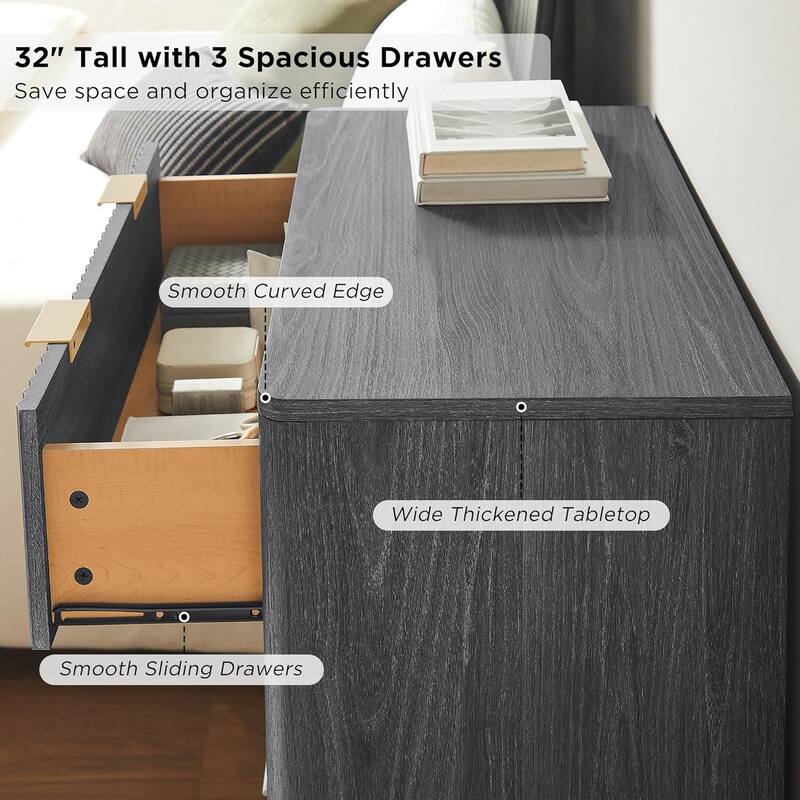 Modern fluted 3 Chest of Drawers, Dresser for Bedroom, Living Room