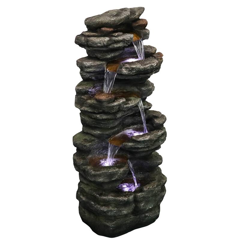 6-Tier Rock Floor Standing Water Fountain with LED Lights and Pump