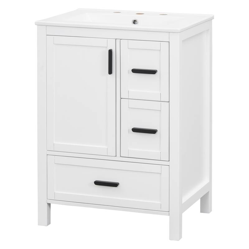 Modern 24-inch Bathroom Vanity with Ceramic Sink, Soft-Close Door, Double-Layer Door Shelf, and 3 Drawers