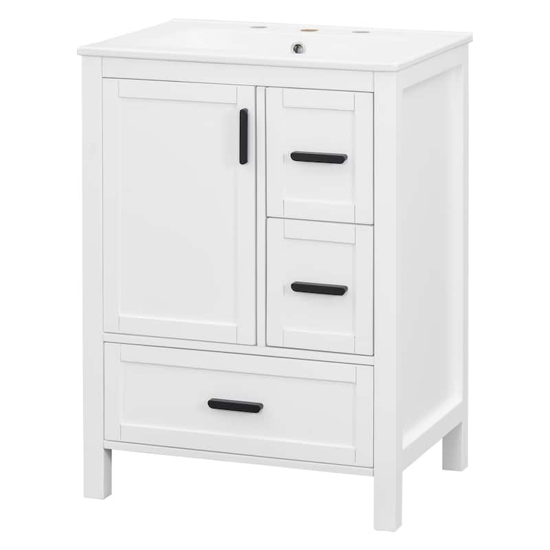Solid Wood Frame Bathroom Vanity Cabinet with Ceramic Sink, Space-Saving 24-Inch Vanity