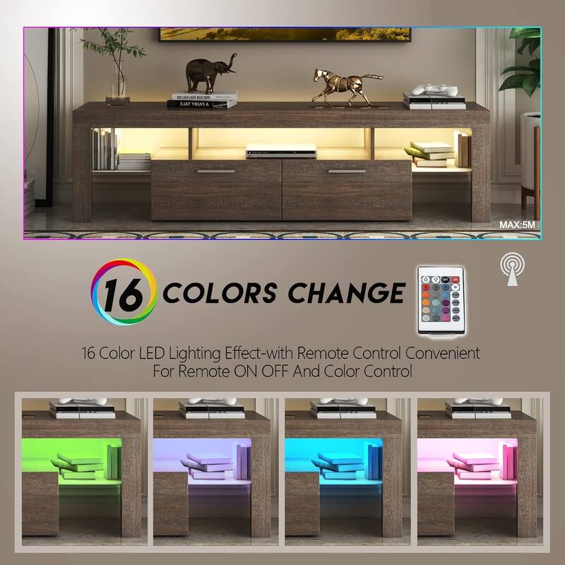 Country-Style LED TV Stand Glossy Entertainment Center with 2 Large Drawers and 3 Open Frames, for Living Room and Bedroom