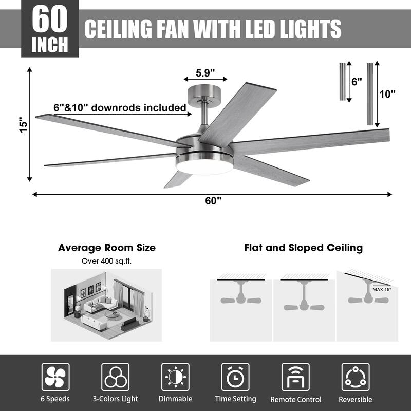 60-in Modern Brushed Nickel Wood Large Remote Indoor Smart Ceiling Fan with Light and APP