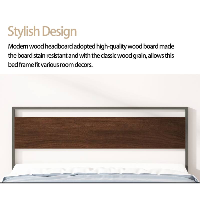 Metal Bed, Black with Walnut Wood Headboard&Footboard, Queen