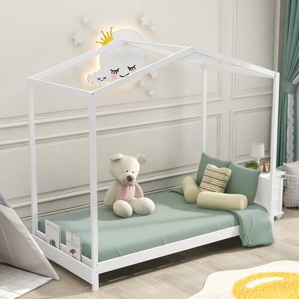 slide 2 of 18, Charming Twin House Platform Bed with Headboard, Pine Wood and MDF, Built-in Bookrack White