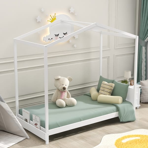 slide 2 of 18, Whimsical House-Shaped Twin Bed with Storage, Platform Bed with Built-in Headboard and Bookrack