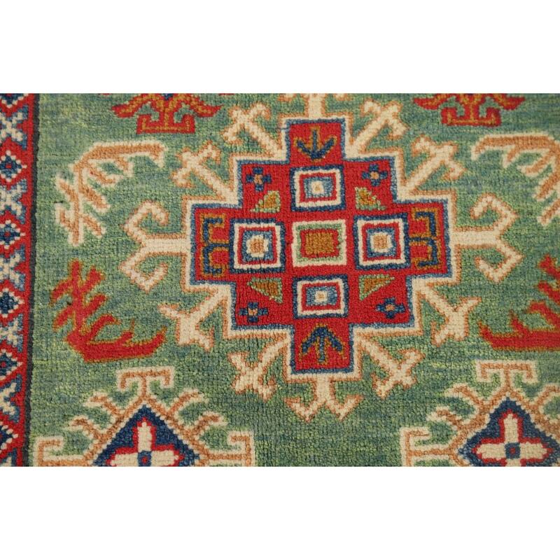 Green Geometric Kazak Foyer Rug Handmade Wool Carpet - 3'1" x 4'11"