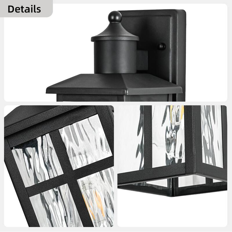 12 in. Black 1-Light Outdoor Wall Lantern Sconce with Water Wave Glass Shade