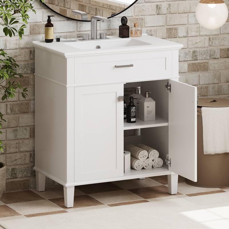30-inch bathroom vanity with ceramic basin, soft close door and adjustable shelves