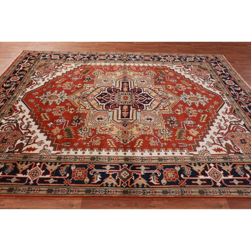 Hand Knotted Oriental 100% Wool Carpet Traditional Medallion Oranges & Rust Heriz (serapi) Area Rug - 10' 1'' X 7' 11''