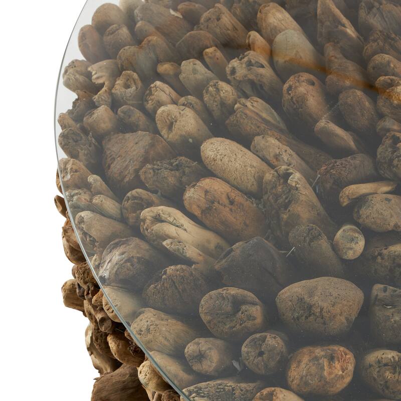 Driftwood Handmade Stacked Collage Coffee Table with Tempered Glass Top and Pedestal Base - Brown - Roche River Decor