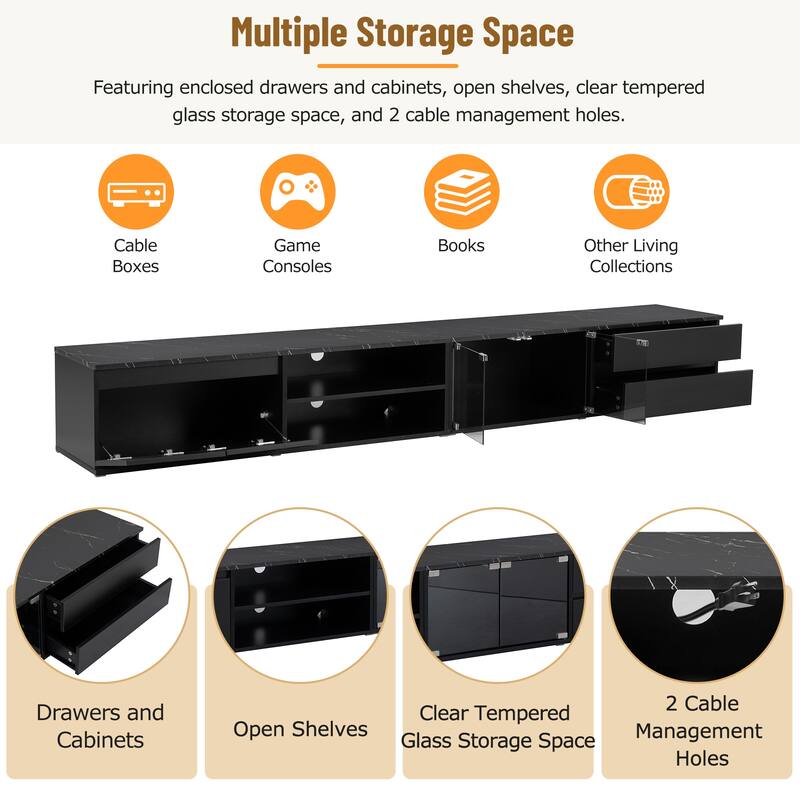 Large Media Console with LED, Faux Marble, Tempered Glass, and Storage for 105" TV