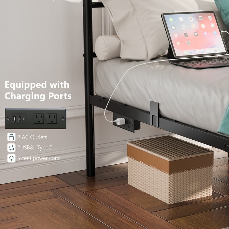 Twin Size Metal Platform Bed with RGB LED Lights,Charging Station,Heavy Duty,Remote and App Control,Under Bed Storage