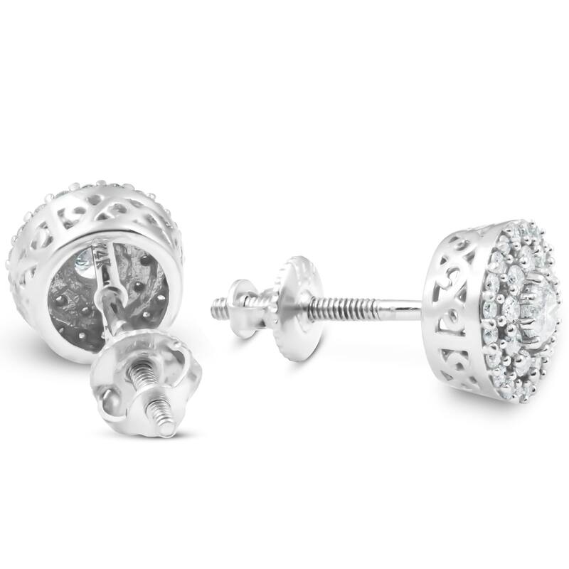 Double Halo Diamond Screw Back Studs 1/2 Carat TW White Gold