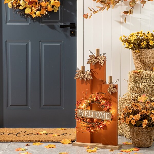 Glitzhome Fall Lighted Wooden Welcome Porch Decor w/Wreath - On