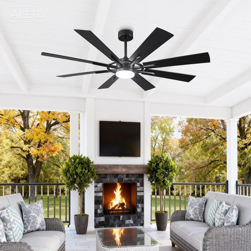 60" Matte Black Large Windmill Farmhouse Integrated LED Ceiling Fan with Light and Remote - 60"Wx12.8"H
