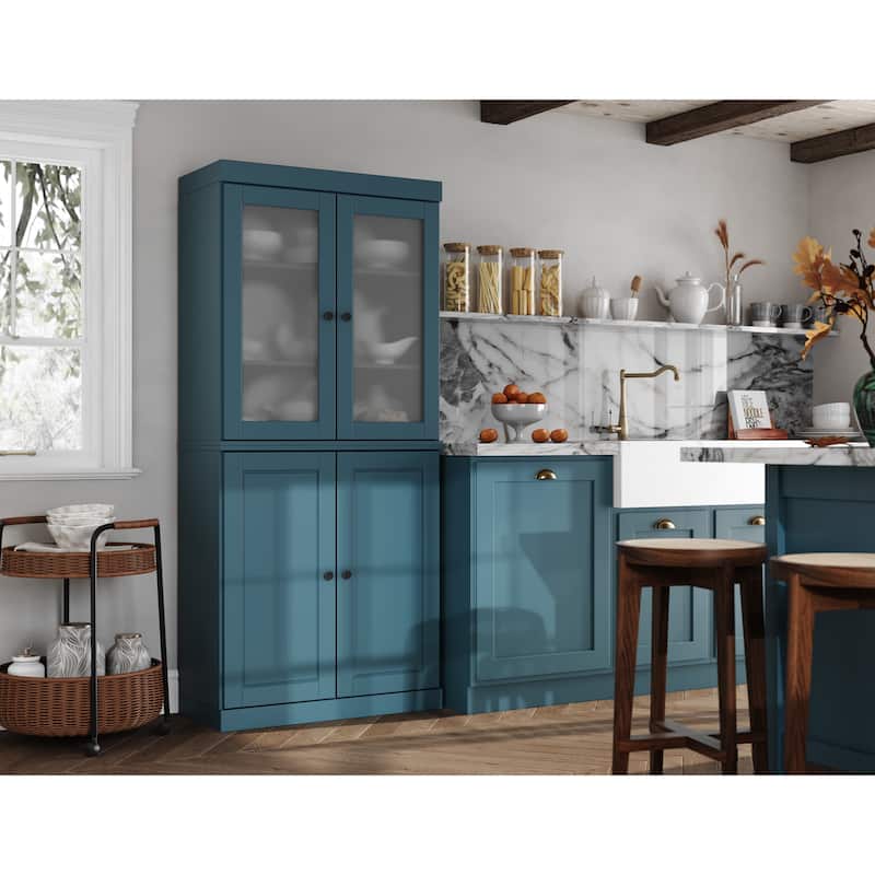 Palace Imports 100% Solid Wood Pantry Cabinet with Frosted Glass Doors, Solid Doors, 2-Drawers and Adjustable Shelves
