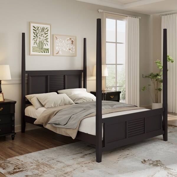 Espresso Queen Size Traditional Pine Solid Wood Four Poster Bed