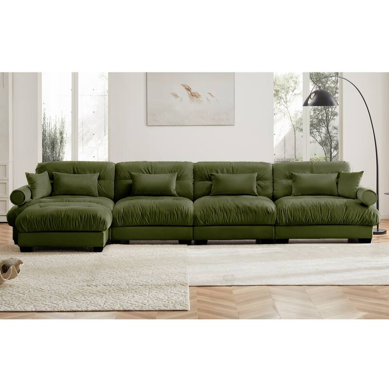 Modern Sectional Couch Comfortable Upholstered Sofa Set with Lumbar Pillow and Throw Pillow for Living Room - 4 Seats + 1 Ottoman - Olive Green