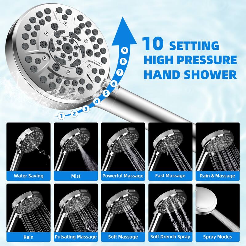High Pressure 10-Spray Handheld Shower with Filter, 71-inch Hose
