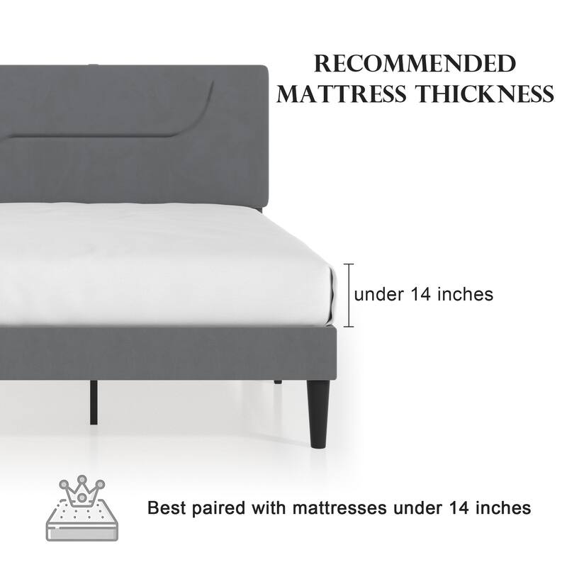 Javlergo Bed Frame with Smart LED Lights, Velvet Bed Frames with USB Charging Station, Modern Platform Bed