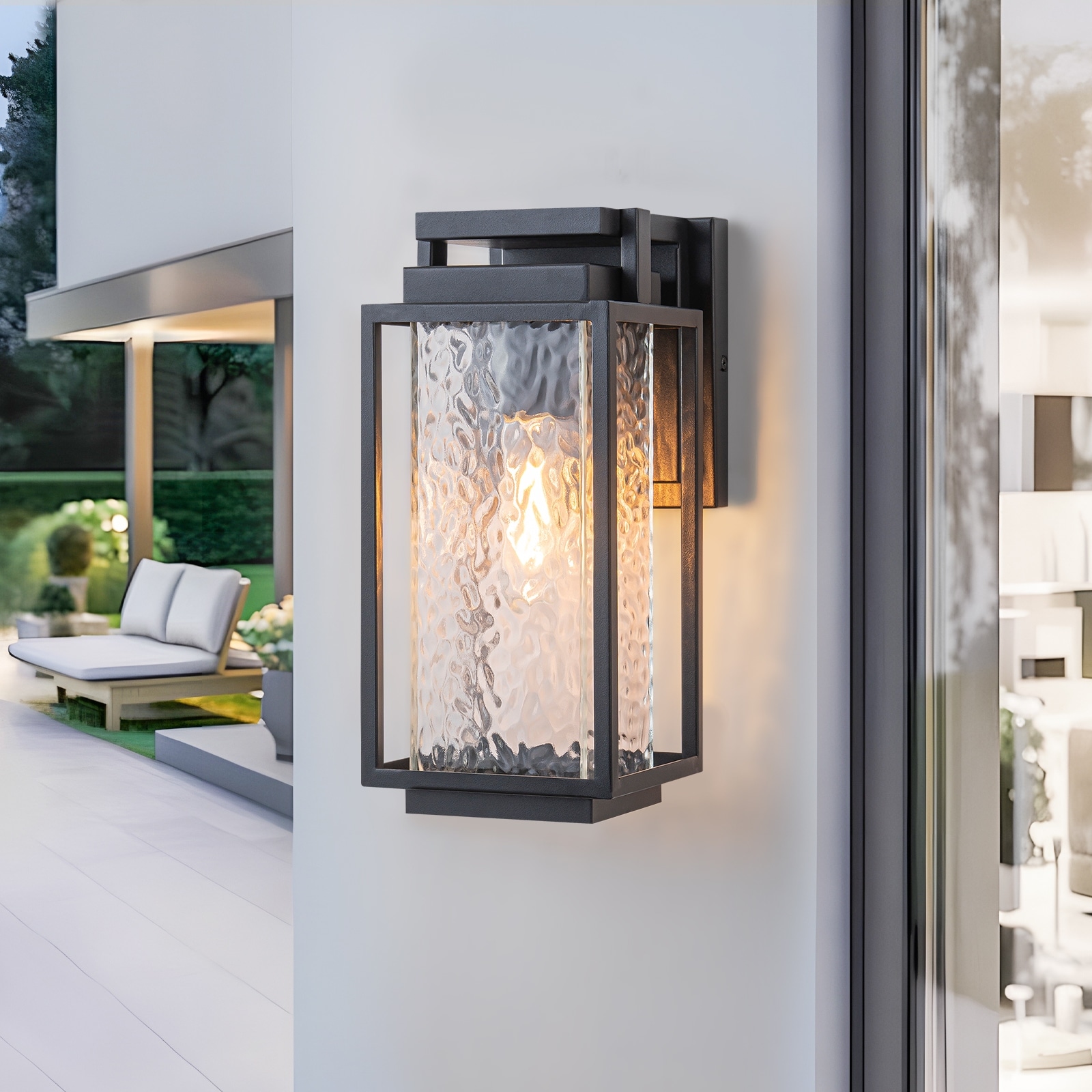 Black Outdoor Wall Sconce with Water Glass Waterproof Lantern Light