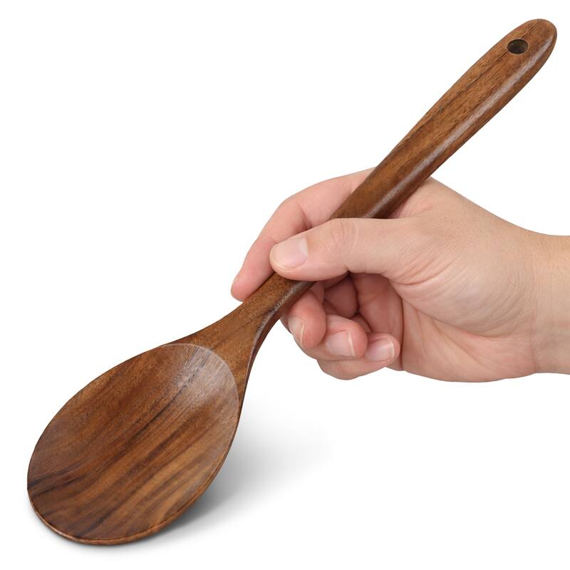 Cheer Collection Teak Wood Mixing Spoon with Deep Bowl and Hanging Loop - Brown