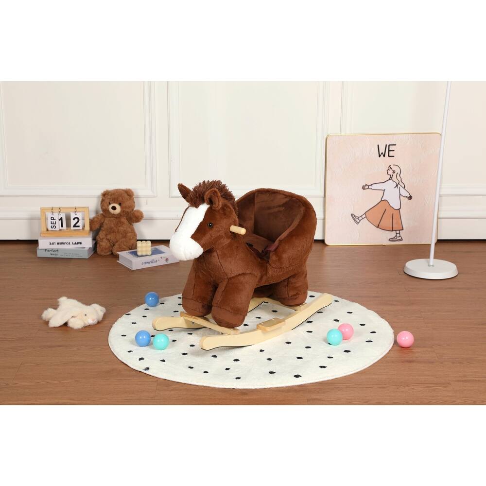 Kids Ride-On Rocking Horse Toy with Lullaby Song, Rocking Toy with Hand Puppets & Safety Belt