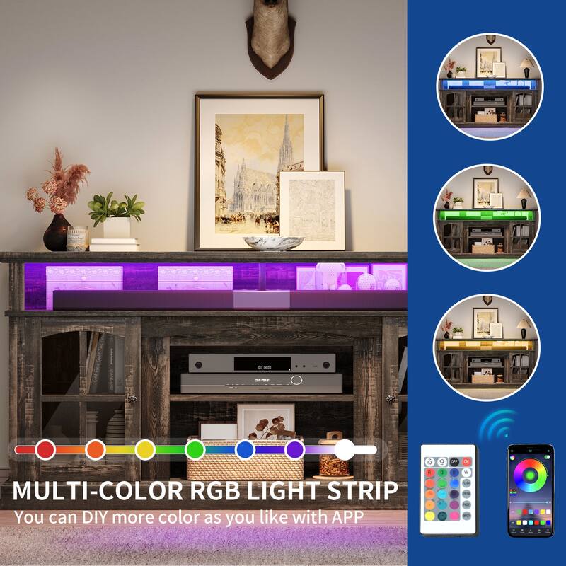 Moasis Farmhouse LED Lights TV Stand with Glass Doors, Entertainment Center w/Shelves for Living Room for TVs up to 65"