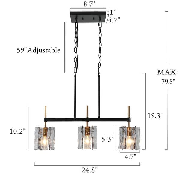 dimension image slide 1 of 4, Kasy Modern 3-Light Textured Glass Chandelier Kitchen Island Lights for Dining Room - W 24.8" x D 4.7" x H 10.2"