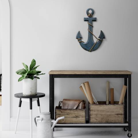 Nautical Distressed Hanging Wooden Anchor Art Decor with Rope, Blue