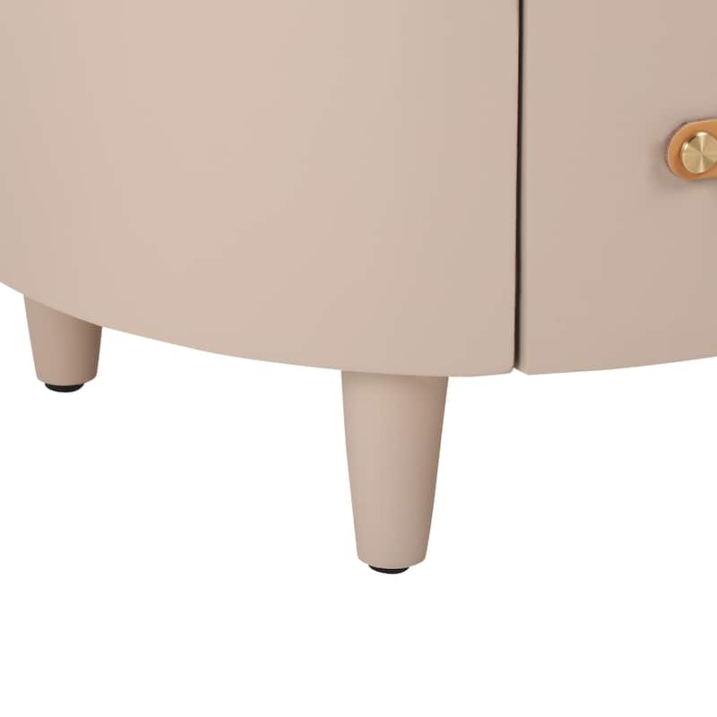 Round Nightstand with Drawer & Open Shelf, Nightstand with Leather Handle & Tapered Legs, Large Capacity Sofa Side Table