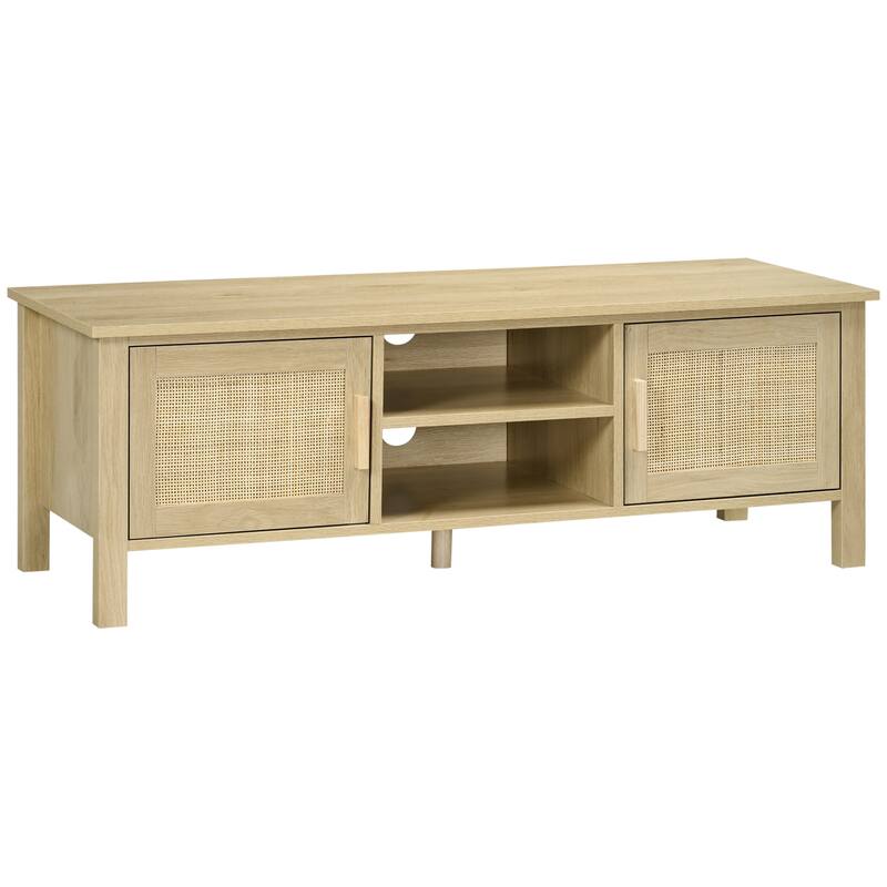 Natural Wood 47.3" TV Stand with Rattan Door, Adjustable Shelf and Storage Cabinets for Under 60 Inch TVs - Natural Wood