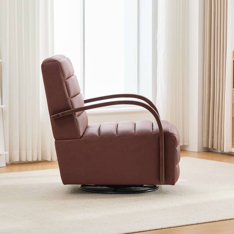 Modern Upholstered 360° Swivel Accent Chair with Solid Wood Armrests and Comfy Lounge Reading Chair, Single Sofa Armchair