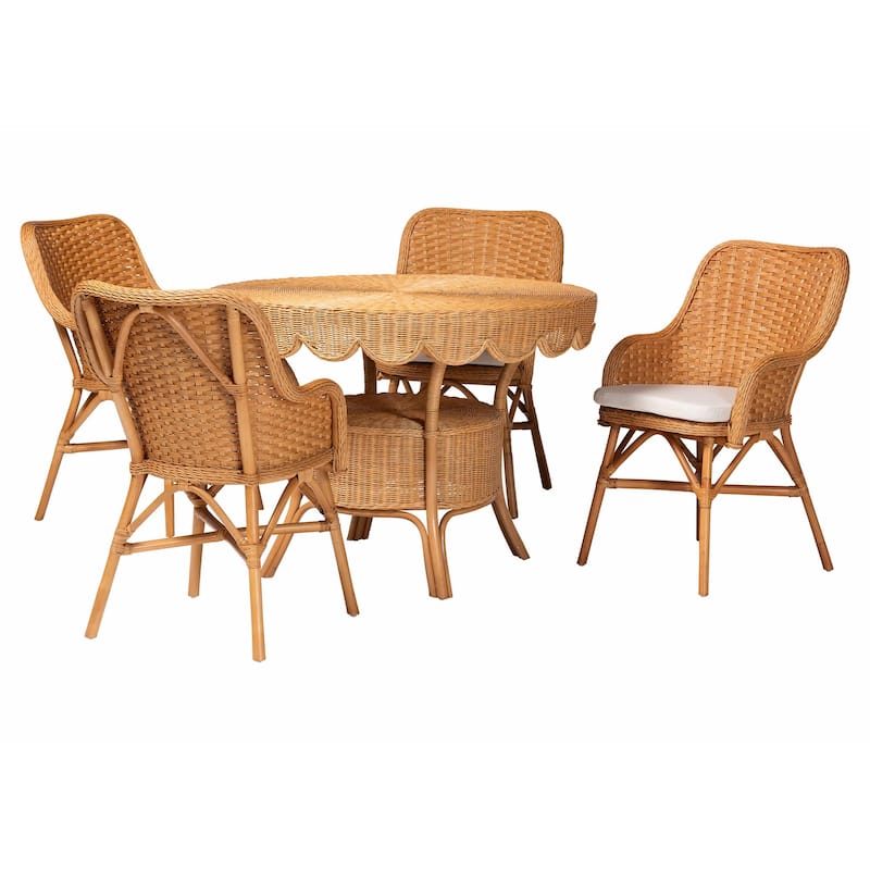 Tucson 5-Piece Rattan Dining Set - Round Wicker Table with Scallop Edge and 4 Armchairs, Handwoven Boho Coastal Style for Dining - Light Honey