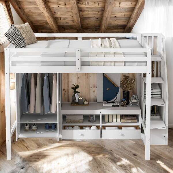 slide 2 of 14, Kids and Baby Full Size Loft Bed with Wardrobe,Storage Table and Staircase White