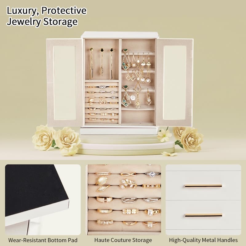 FCH Quad View with Storage 5 Drawers Rotatable White Cabinet Pink Velvet Jewelry Case