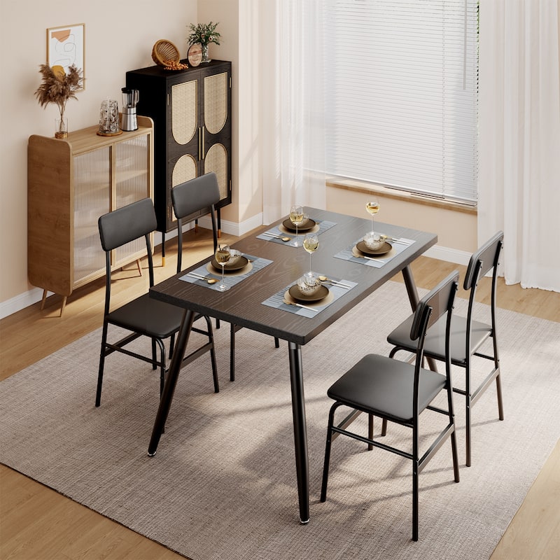 5-Piece Mid-Century Rectangular Dining Table, Industrial Kitchen Table Set with 4 Faux Leather Chairs