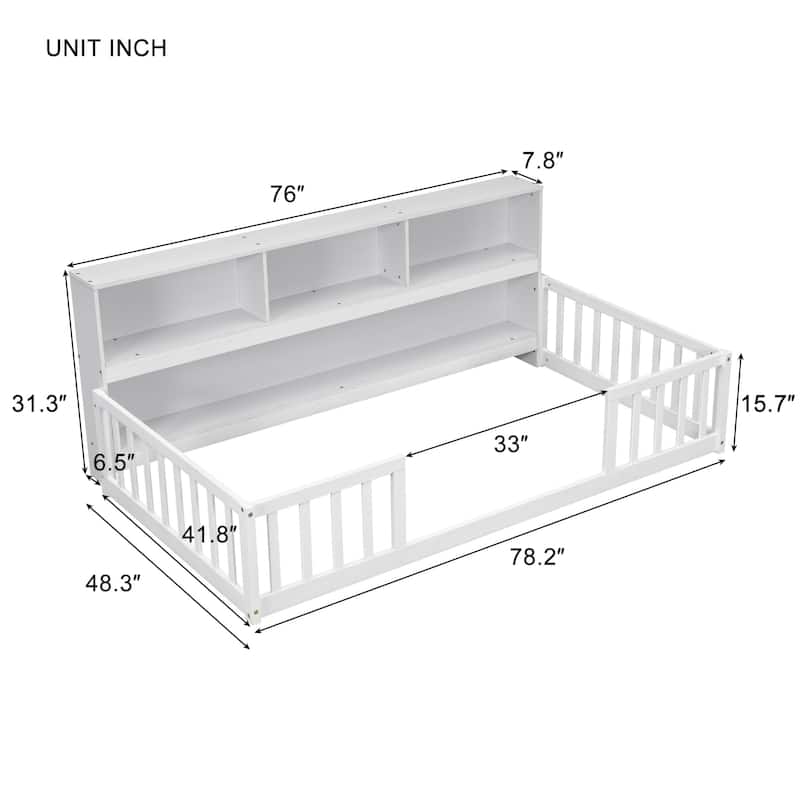 Wooden bed floor bed with bedside bookcase and shelves