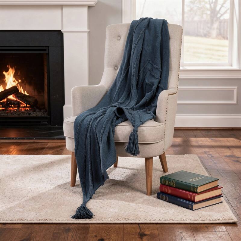 HomeRoots 50" X 60" Blue Cotton Woven Geometric Throw Blanket with Tassels - Throw - Blue