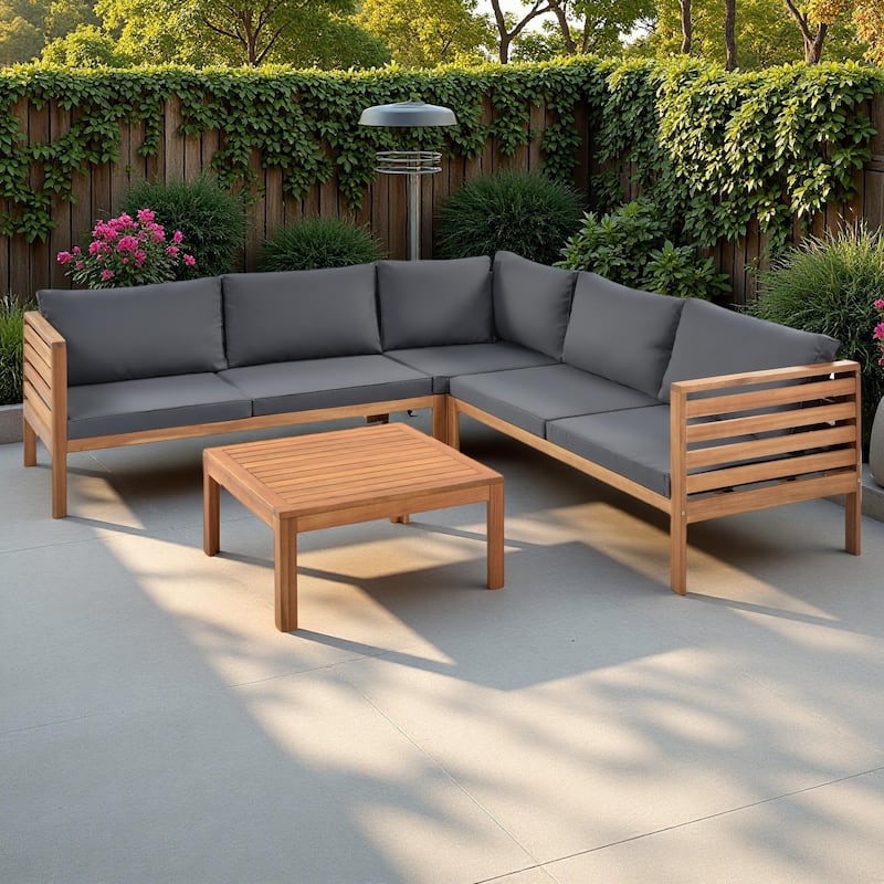 4-Pieces Outdoor Acacia Wood L-Shaped Sectional Sofa Set with Coffee Table - Gray