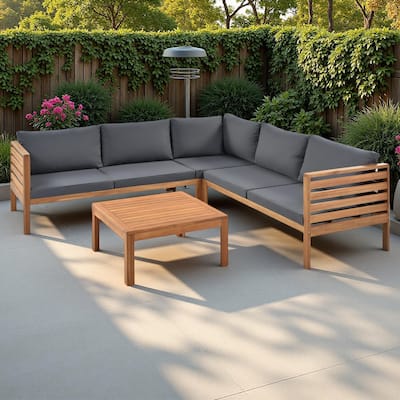 4-Pieces Outdoor Acacia Wood L-Shaped Sectional Sofa Set with Coffee Table