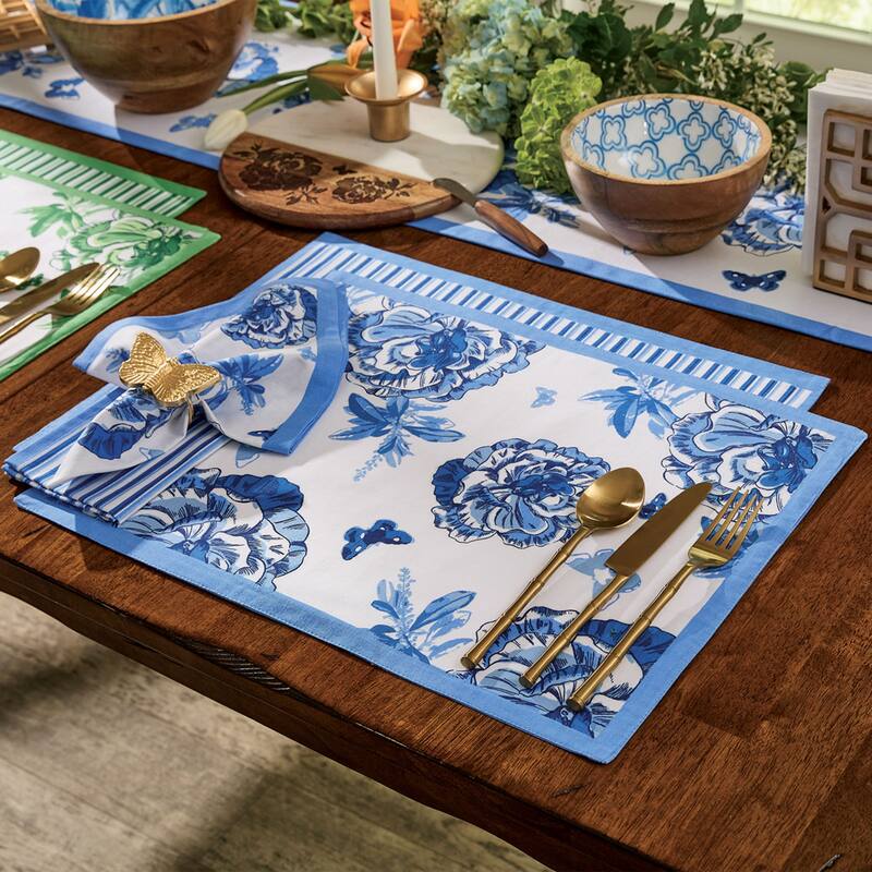 Patricia Heaton Home Blue Florals And Flitters Reversible Placemat Set of 4 - 19 x 14 x 0.1