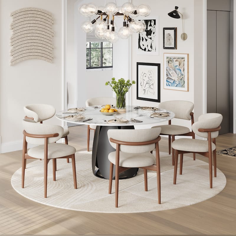 59" Modern Round Dining Table for 6,White Glossy Sintered Stone Table top, Black Carbon Steel Base - 59.06"