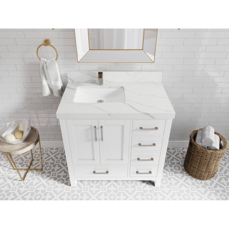Willow Collections 36 in. W x 22 in. D Malibu Left Offset Sink Bathroom Vanity with Countertop - 2" Calacatta Laza - White
